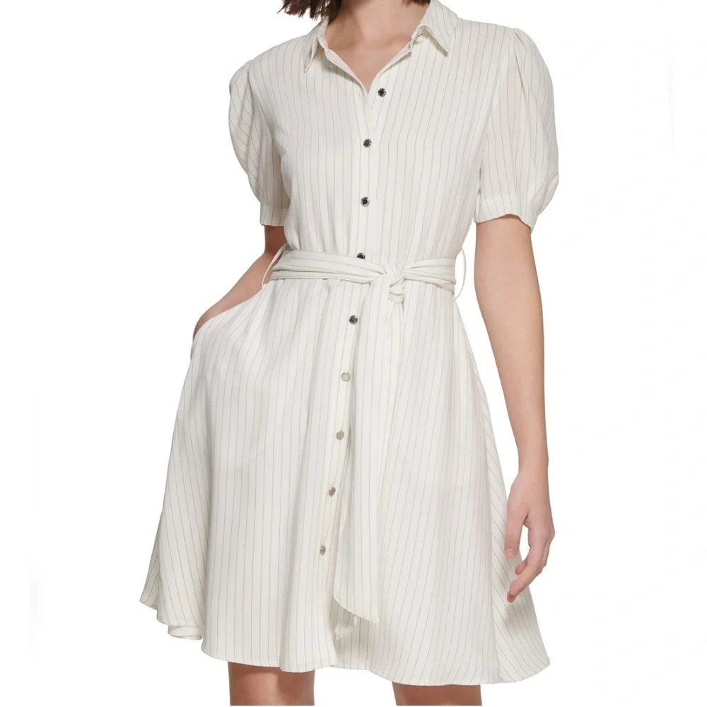 KARL LAGERFELD PARIS Women's Striped Tie-Front Shirtdress - Picture 14 of 14